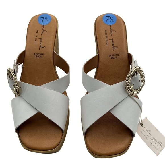 Mila Paoli NEW 7.5 White Leather Wedge Sandals Gold Buckle Made In Italy Boho - Picture 4 of 11